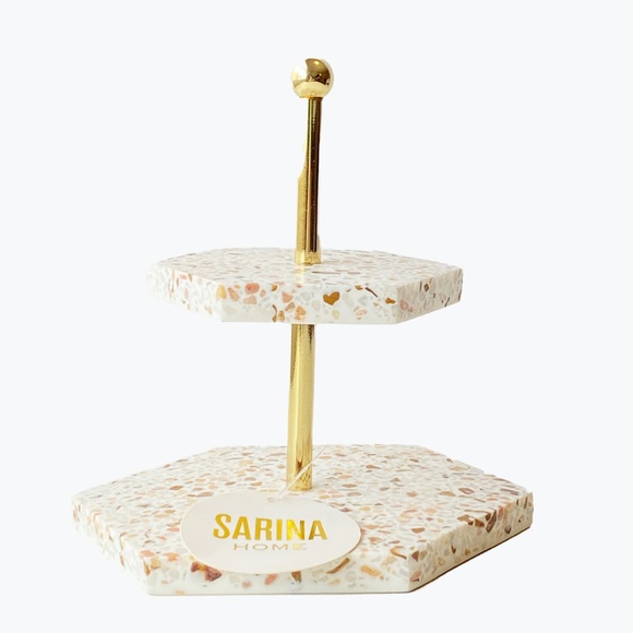 ๐ GENUINE MARBLE HEXAGON 2 TIER JEWELY STAND GOLD HARDWARE VINTAGE REVIVAL - Picture 3 of 8